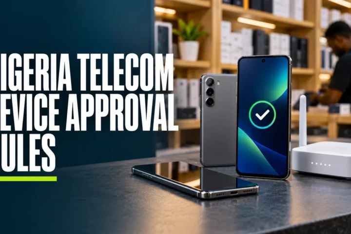 Phones and a router on a telecom dealer’s counter with device approval headline.