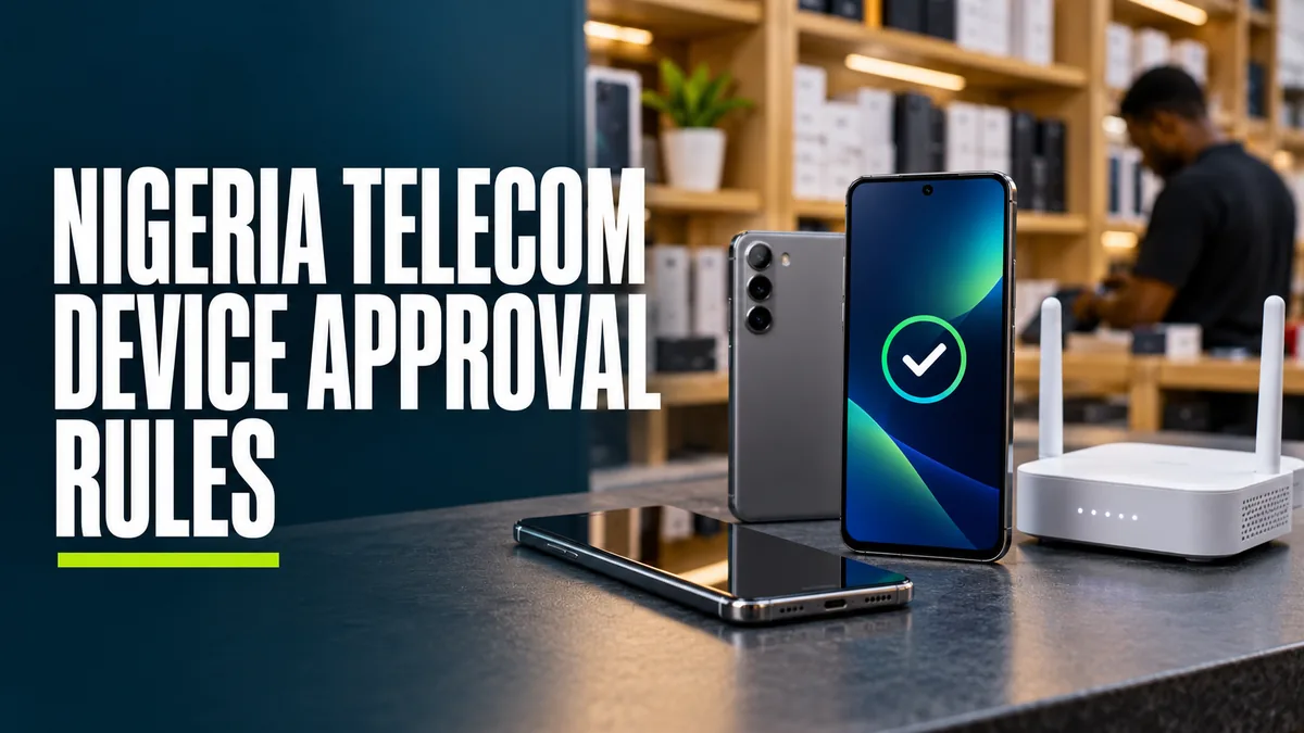 Phones and a router on a telecom dealer’s counter with device approval headline.