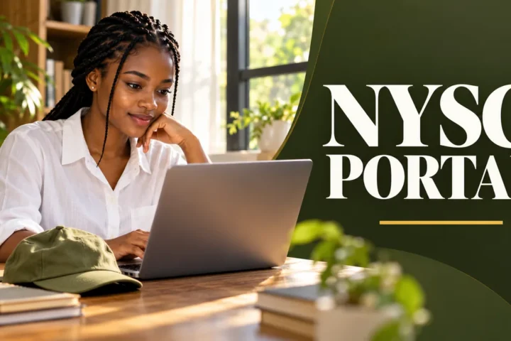 Nigerian graduate using a laptop beside an olive cap with NYSC portal headline.