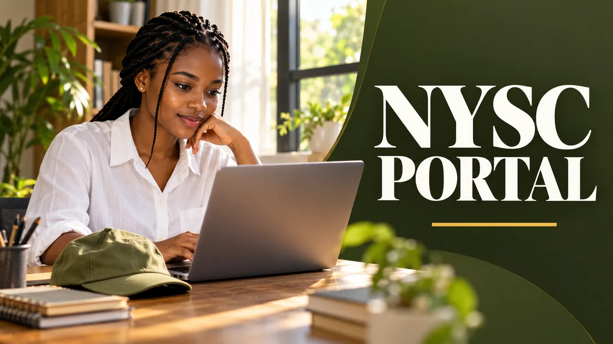 Nigerian graduate using a laptop beside an olive cap with NYSC portal headline.