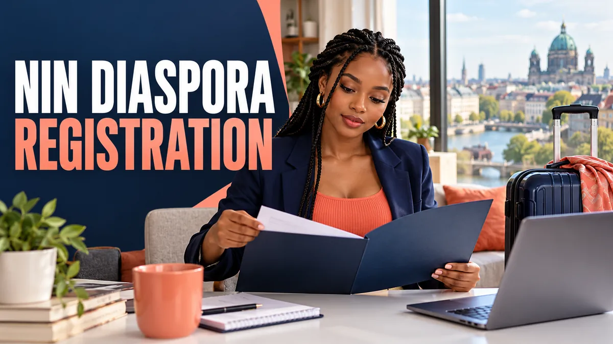 Nigerian woman abroad reviewing documents beside a suitcase with NIN diaspora registration headline.