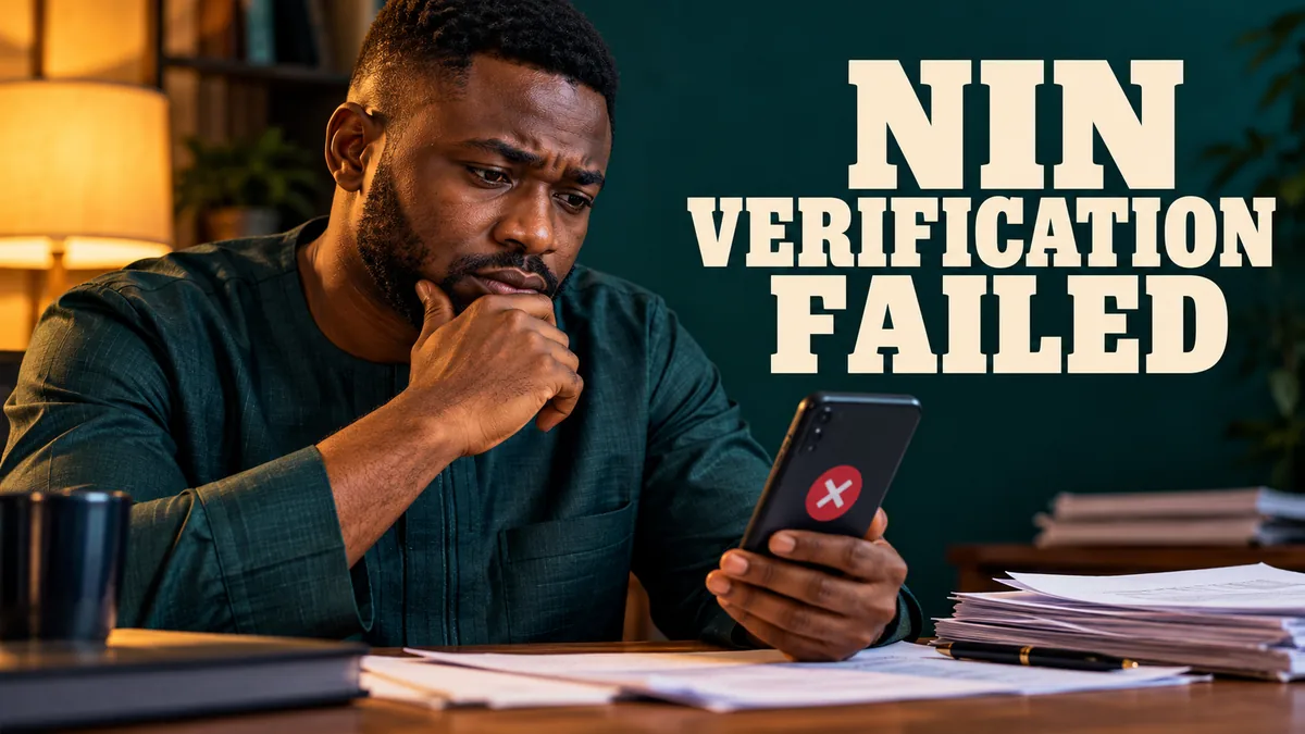 Nigerian man checking a phone with NIN verification failed headline.