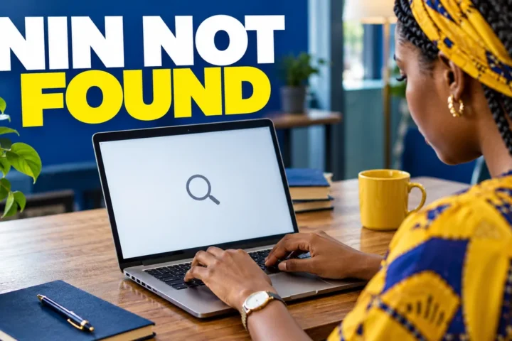 Nigerian woman using a laptop with NIN not found headline.
