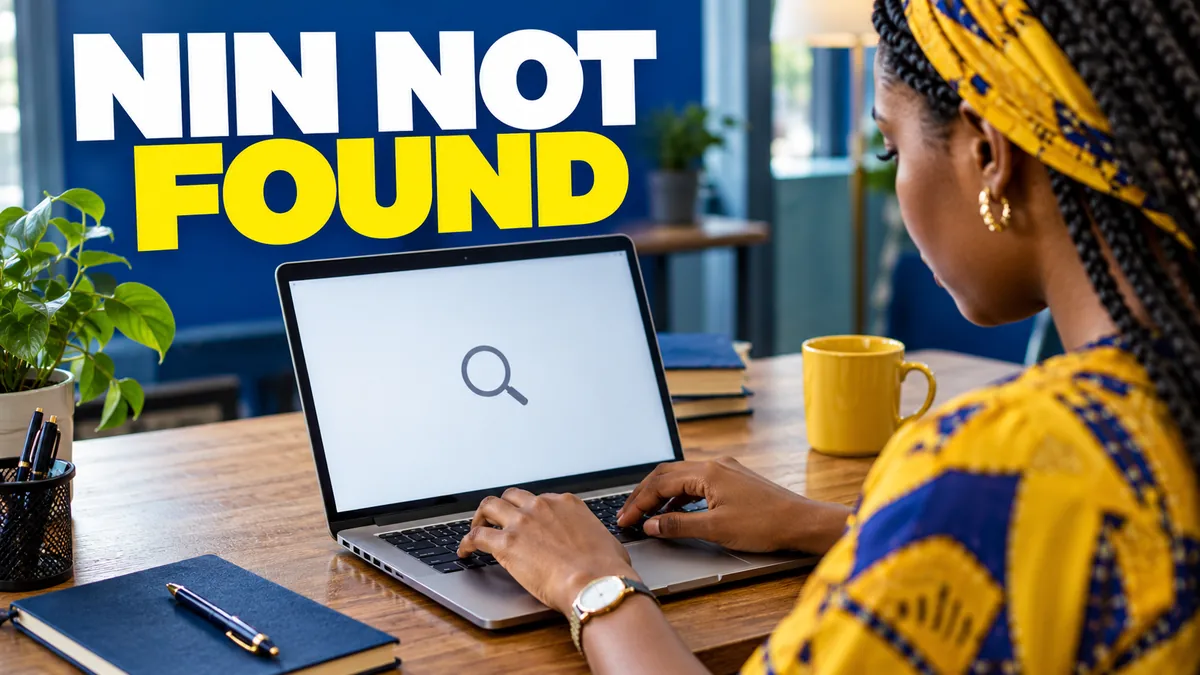 Nigerian woman using a laptop with NIN not found headline.