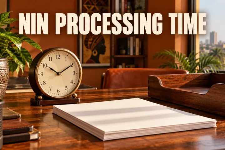 Clock and document tray with NIN processing time headline.