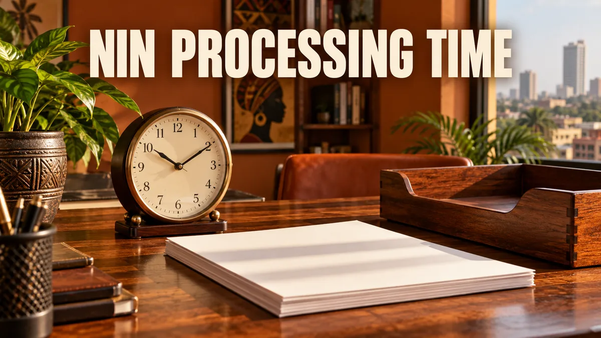 Clock and document tray with NIN processing time headline.