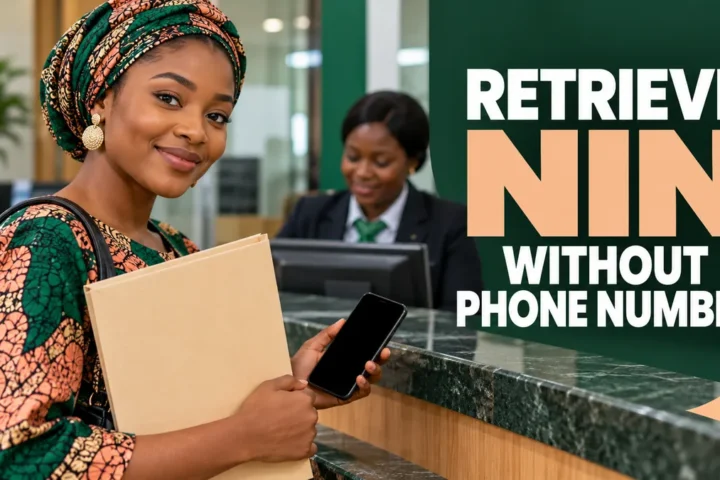 Nigerian woman holding documents at a service counter with NIN retrieval headline.