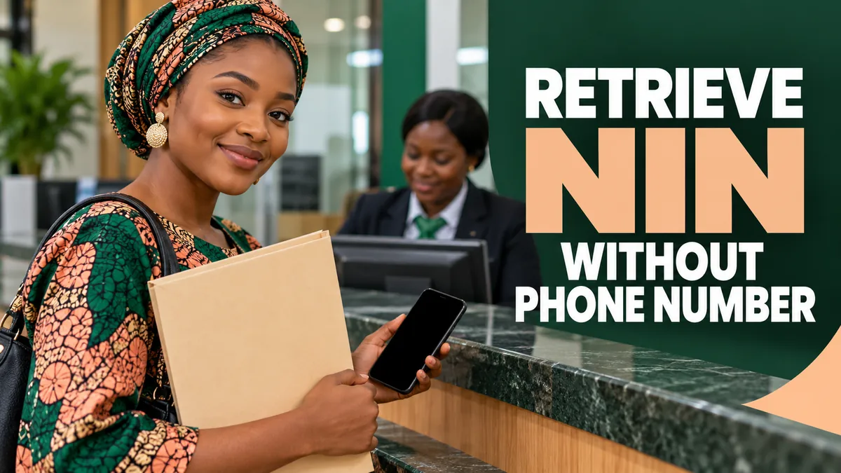Nigerian woman holding documents at a service counter with NIN retrieval headline.