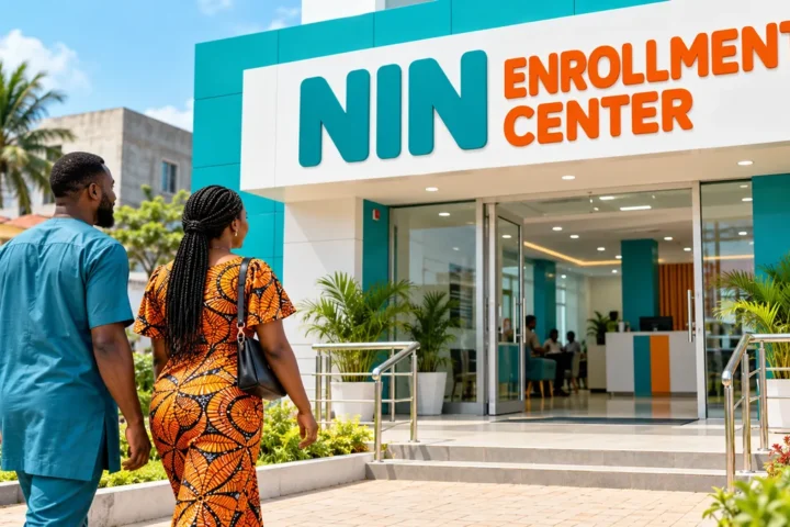 Illustrative Nigerian service centre exterior with NIN enrollment center headline.