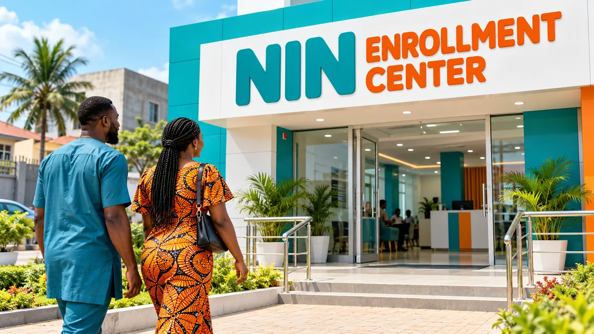 Illustrative Nigerian service centre exterior with NIN enrollment center headline.