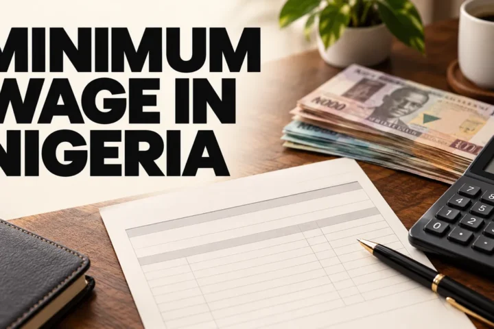Calculator, payslip and naira notes on a desk with minimum wage headline.