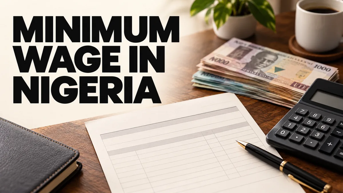 Calculator, payslip and naira notes on a desk with minimum wage headline.