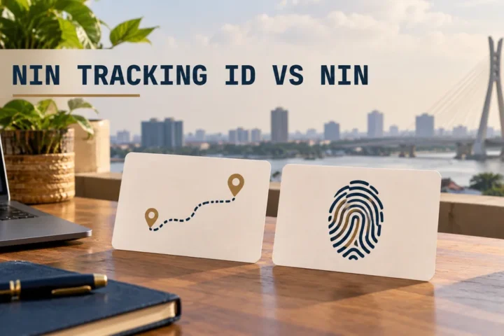 Two illustrative reference cards with NIN tracking ID vs NIN headline.