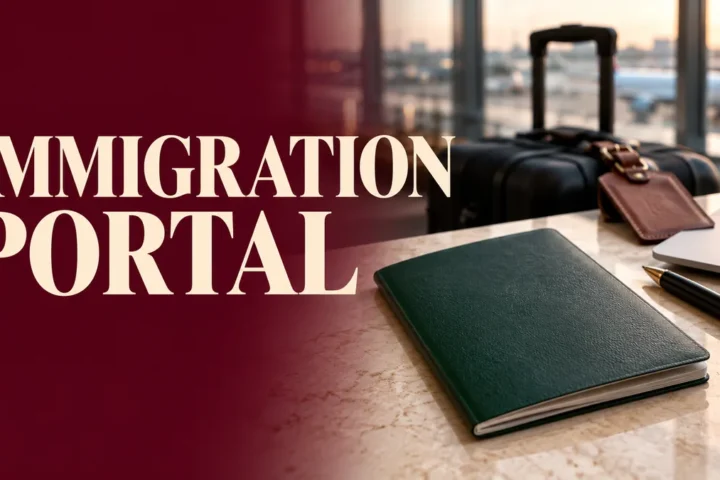 Green travel booklet, laptop and suitcase with immigration portal headline.
