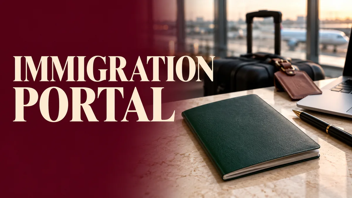 Green travel booklet, laptop and suitcase with immigration portal headline.