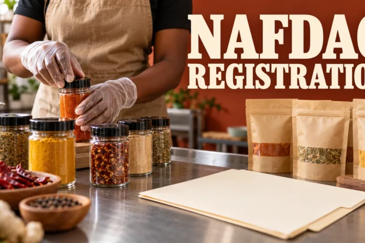 Sealed food packets and spice jars in a production workspace with registration headline.