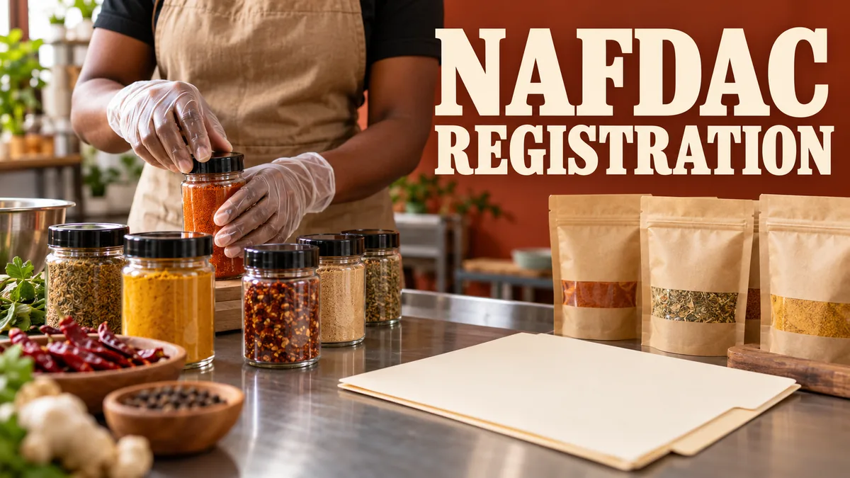 Sealed food packets and spice jars in a production workspace with registration headline.