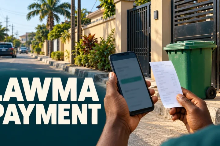 Waste bin outside a Lagos home and a phone payment scene with LAWMA payment headline.