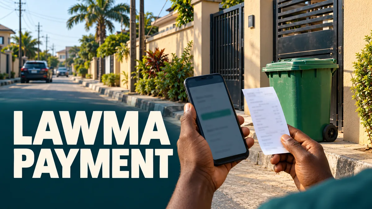 Waste bin outside a Lagos home and a phone payment scene with LAWMA payment headline.