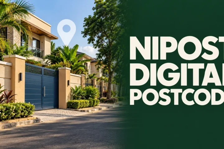 Nigerian residential building and location pin concept with digital postcode headline.