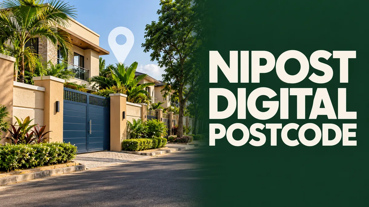 Nigerian residential building and location pin concept with digital postcode headline.