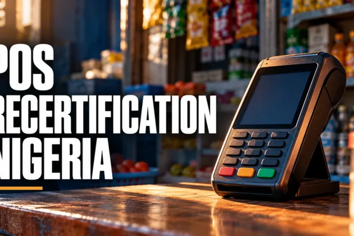 Payment terminal on a Nigerian shop counter with POS recertification headline.