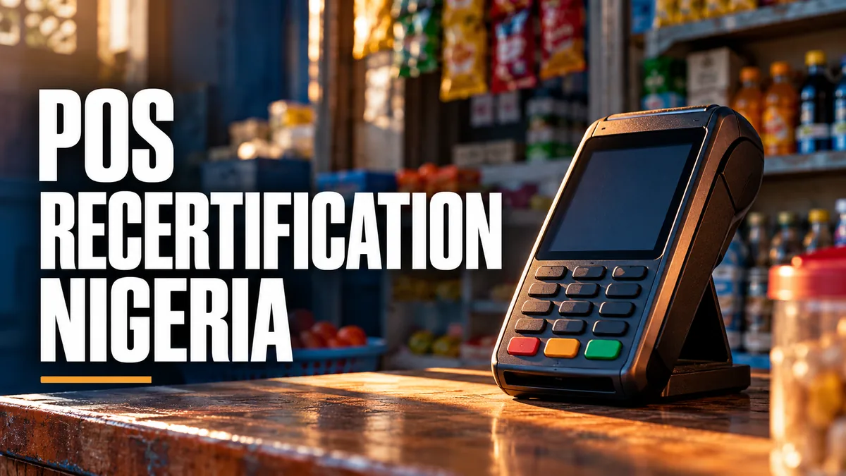 Payment terminal on a Nigerian shop counter with POS recertification headline.