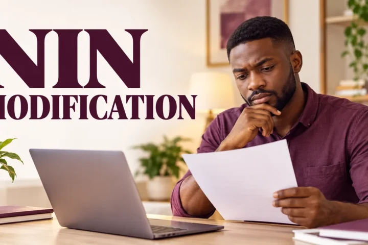 Nigerian adult checking identity documents beside a laptop with NIN modification headline.
