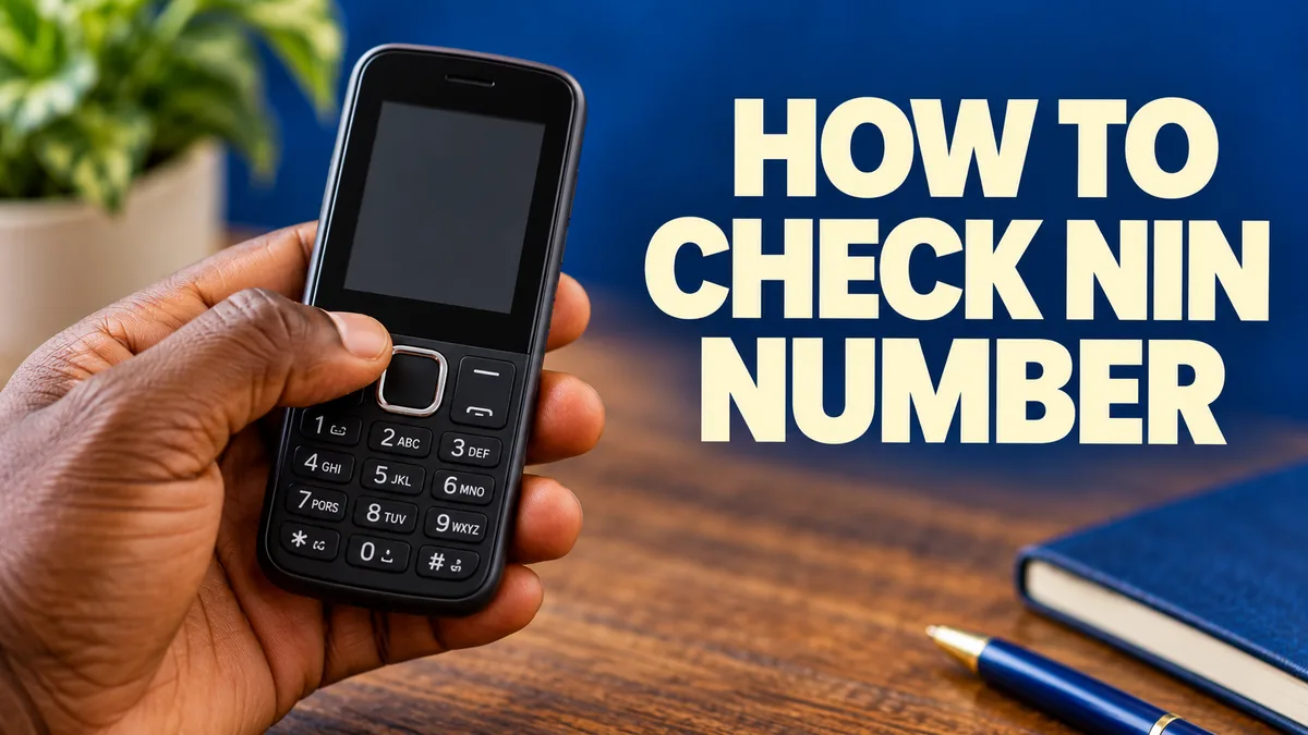 Hand holding a simple phone with NIN number recovery headline.