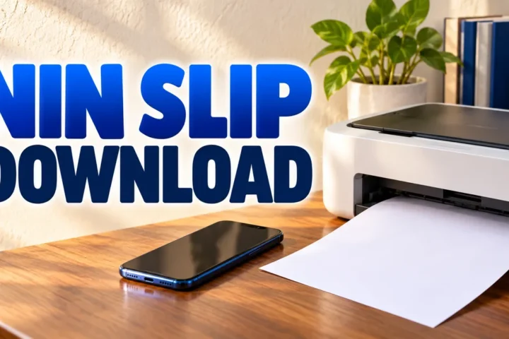 Phone beside a desktop printer and blank paper with NIN slip download headline.