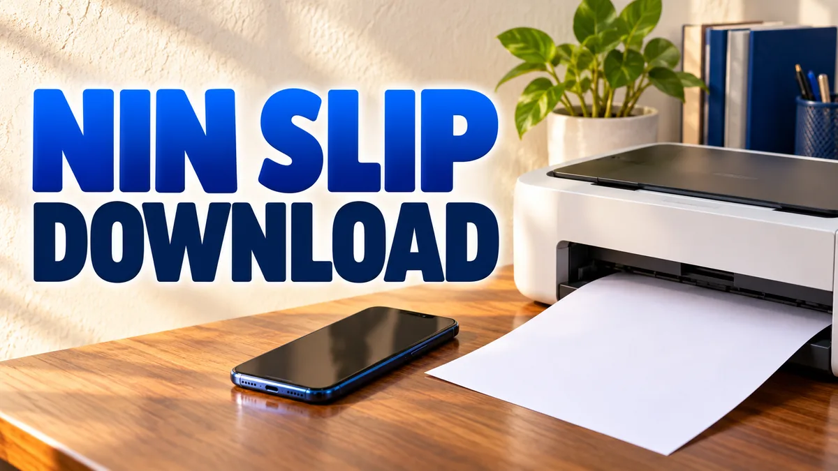 Phone beside a desktop printer and blank paper with NIN slip download headline.