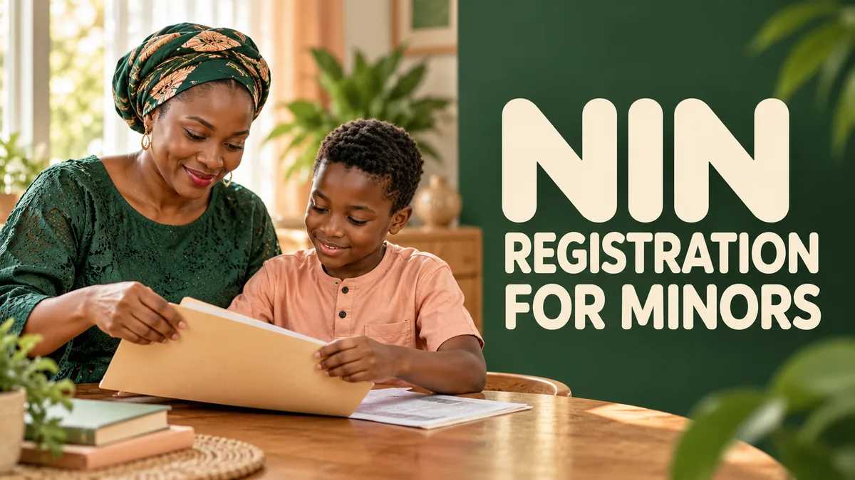 Nigerian parent and child preparing documents with NIN registration for minors headline.